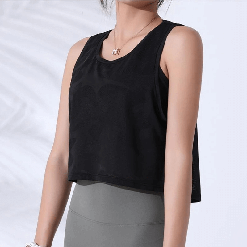 Women's black camouflage running tank and breathable fitness crop top for gym and yoga.